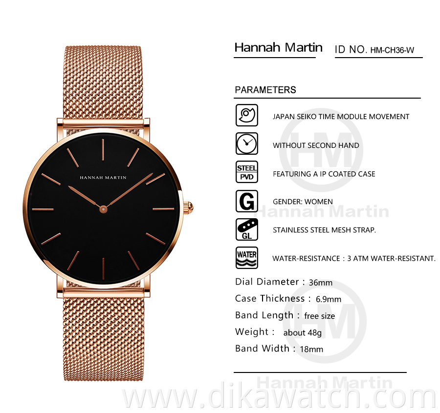 Hannah Martin CC36 Stainless Steel Band Japan Quartz Movement Waterproof Women Full Rose Gold Ladies Luxury Wrist Watch